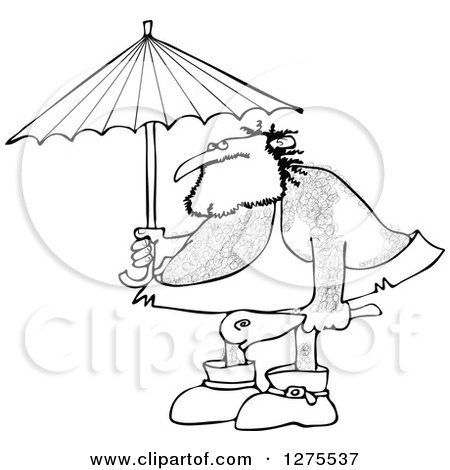 Clipart of a Black and White Hairy Caveman Holding a Club and Standing Under an Umbrella - Royalty Free Vector Illustration by djart