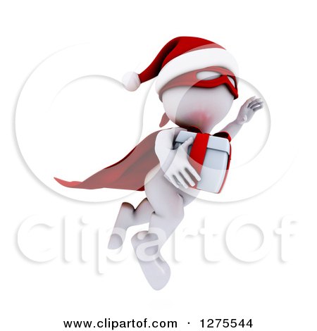 Clipart of a 3d White Super Hero Santa Man Flying with a Christmas Gift - Royalty Free Illustration by KJ Pargeter