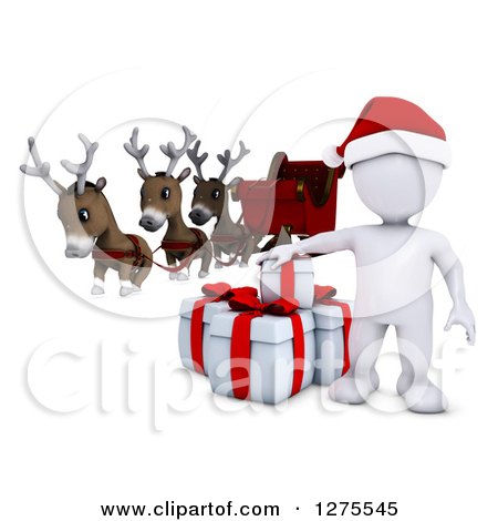 Clipart of a 3d White Man Santa with Gifts, Reindeer and a Sleigh - Royalty Free Illustration by KJ Pargeter