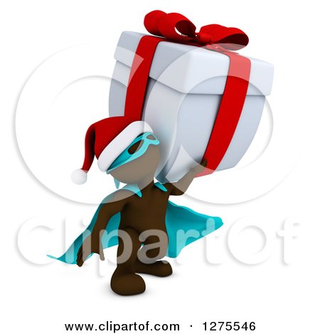 Clipart of a 3d Brown Super Hero Santa Man Holding up a Giant Christmas Gift - Royalty Free Illustration by KJ Pargeter