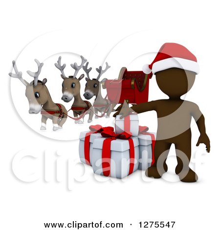 Clipart of a 3d Brown Man Santa with Gifts, Reindeer and a Sleigh - Royalty Free Illustration by KJ Pargeter