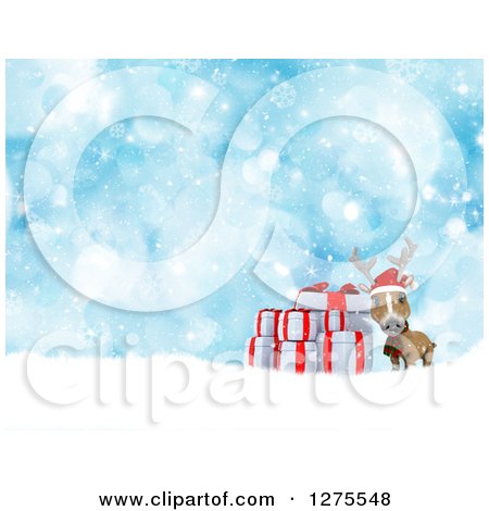 Clipart of a 3d Christmas Reindeer with Gifts in the Snow over Blue Bokeh - Royalty Free Illustration by KJ Pargeter