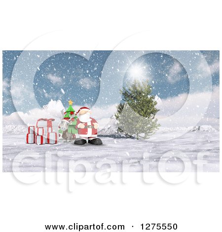 Clipart of a 3d Christmas Reindeer and Santa with Gifts and a Tree in the Snow - Royalty Free Illustration by KJ Pargeter