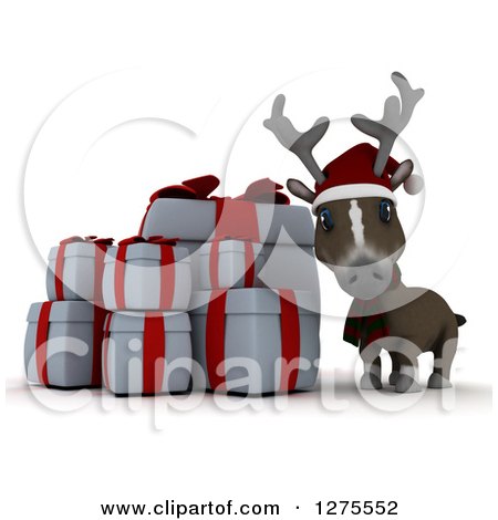 Clipart of a 3d Christmas Reindeer with Gifts over White - Royalty Free Illustration by KJ Pargeter