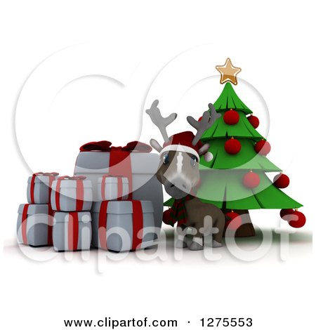 Clipart of a 3d Christmas Reindeer with Gifts by a Tree over White - Royalty Free Illustration by KJ Pargeter