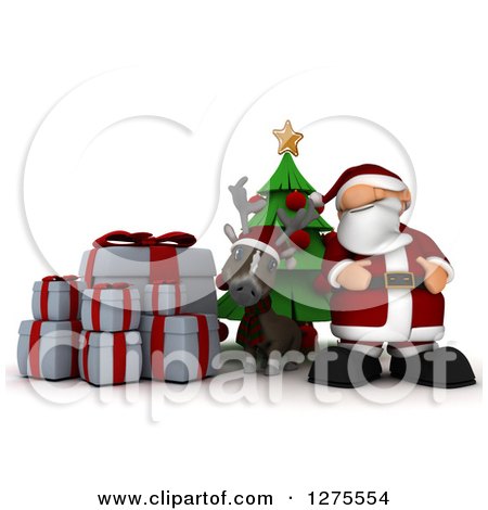 Clipart of a 3d Christmas Reindeer and Santa with Gifts and a Tree over White - Royalty Free Illustration by KJ Pargeter