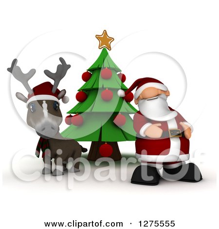 Clipart of a 3d Christmas Reindeer and Santa by a Tree on White - Royalty Free Illustration by KJ Pargeter