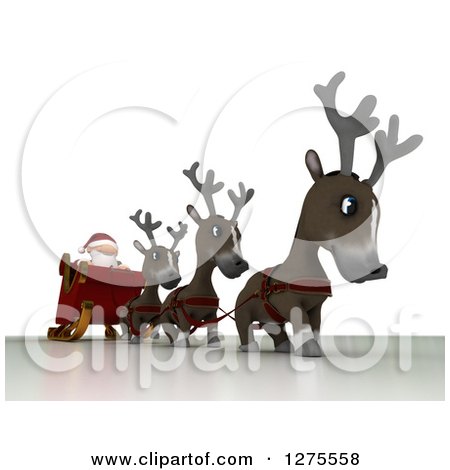 Clipart of 3d Christmas Reindeer Walking Santa in a Sleigh over White - Royalty Free Illustration by KJ Pargeter