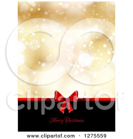 Clipart of a Merry Christmas Greeting Under a Red Gift Bow on Black with Gold Snowflakes and Flares - Royalty Free Vector Illustration by KJ Pargeter