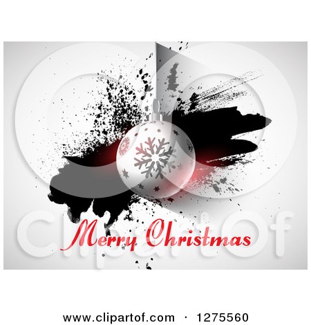 Clipart of a Merry Christmas Greeting Under a Suspended Bauble and Grunge Splatter - Royalty Free Vector Illustration by KJ Pargeter