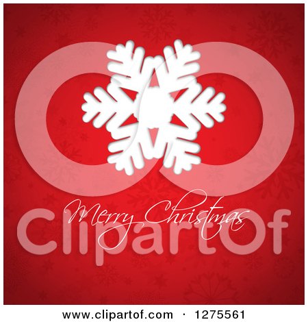 Clipart of a Merry Christmas Greeting Under a White Snowflake over Red - Royalty Free Vector Illustration by KJ Pargeter