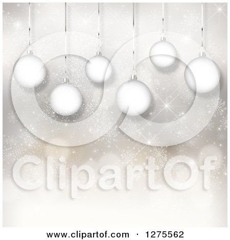 Clipart of a Christmas Background of 3d Suspended White Ornaments over Snowflakes and Bokeh - Royalty Free Illustration by KJ Pargeter