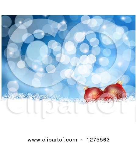 Clipart of a Christmas Background of 3d Red Ornaments over Snow and Blue Bokeh - Royalty Free Illustration by KJ Pargeter