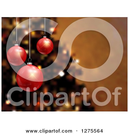 Clipart of a Background of 3d Red Christmas Baubles Suspended over Blurred Christmas Tree - Royalty Free Vector Illustration by KJ Pargeter