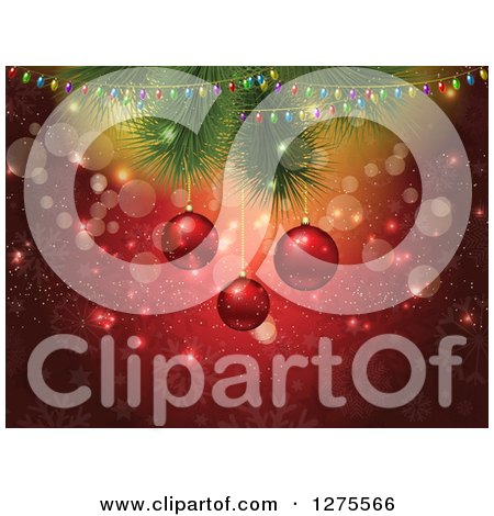 Clipart of a Background of 3d Red Christmas Baubles Suspended from Branches over Red Bokeh and Snowflakes - Royalty Free Vector Illustration by KJ Pargeter