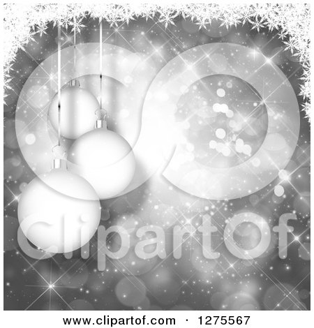 Clipart of a Grayscale Christmas Background of 3d Suspended Ornaments over Bokeh - Royalty Free Illustration by KJ Pargeter