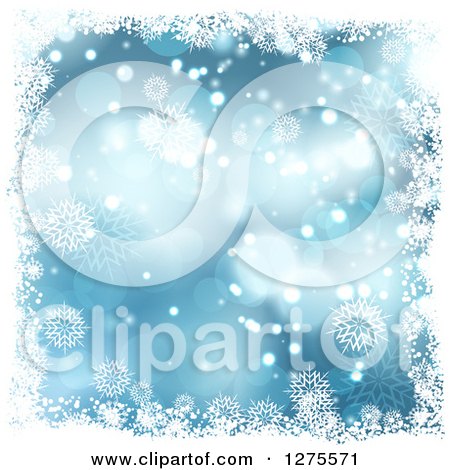 Clipart of a Blue Christmas Background of Bokeh with White Snowflakes and a Border - Royalty Free Vector Illustration by KJ Pargeter