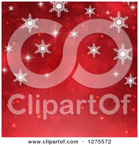 Clipart of a Red Christmas Background of Bokeh with White Snowflakes Arching the Top - Royalty Free Vector Illustration by KJ Pargeter