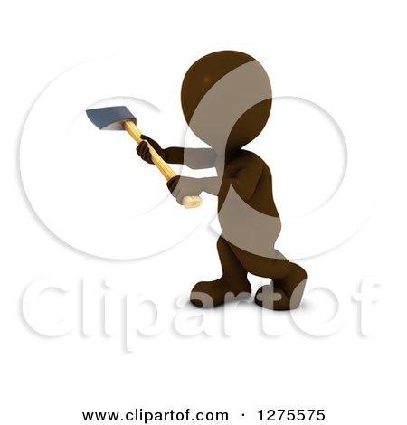 Clipart of a 3d Brown Worker Man Using an Axe, on a White Background - Royalty Free Illustration by KJ Pargeter