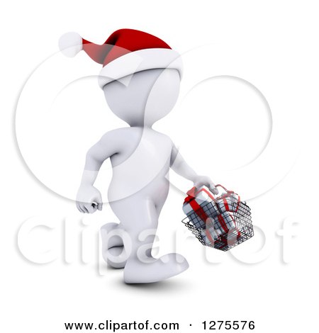 Clipart of a 3d White Man Christmas Shopping and Carrying a Basket of Gifts - Royalty Free Illustration by KJ Pargeter