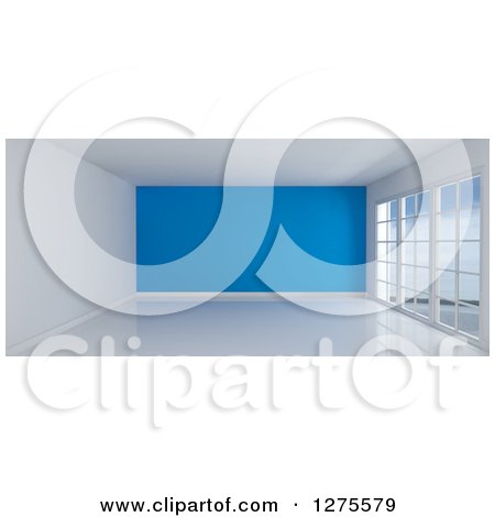 Clipart of a 3d Empty Room Interior with Floor to Ceiling Windows and a Blue Wall - Royalty Free Illustration by KJ Pargeter