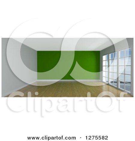 Clipart of a 3d Empty Room Interior with Floor to Ceiling Windows, Wood Floors and a Green Wall - Royalty Free Illustration by KJ Pargeter