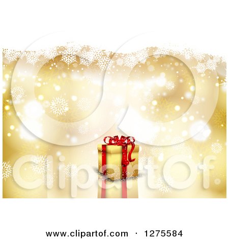 Clipart of a 3d Christmas Gift over a Gold Snowflake and Flare Background - Royalty Free Vector Illustration by KJ Pargeter