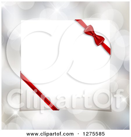 Clipart of a 3d White Gift Box Top with a Red Bow over Bokeh Flares - Royalty Free Vector Illustration by KJ Pargeter