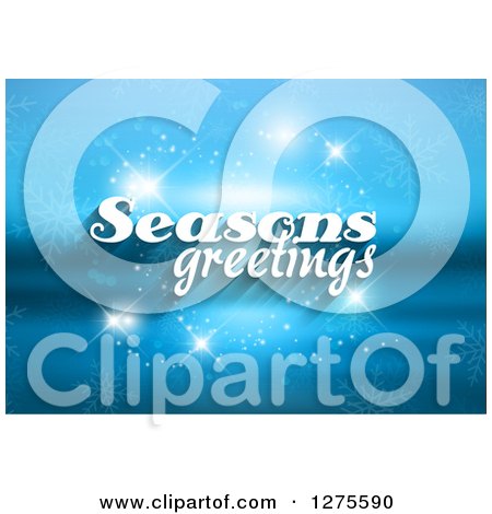 Clipart of White Seasons Greeting Text over a Blurred Blue Landscape with Sparkles - Royalty Free Vector Illustration by KJ Pargeter