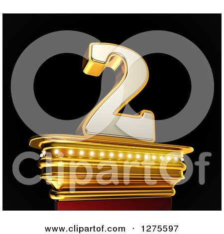 Clipart of a 3d 2 Number Two on a Gold Pedestal over Black - Royalty Free Illustration by stockillustrations