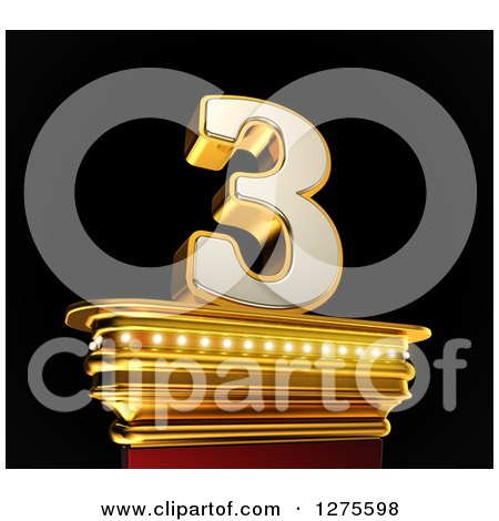Clipart of a 3d 3 Number Three on a Gold Pedestal over Black - Royalty Free Illustration by stockillustrations