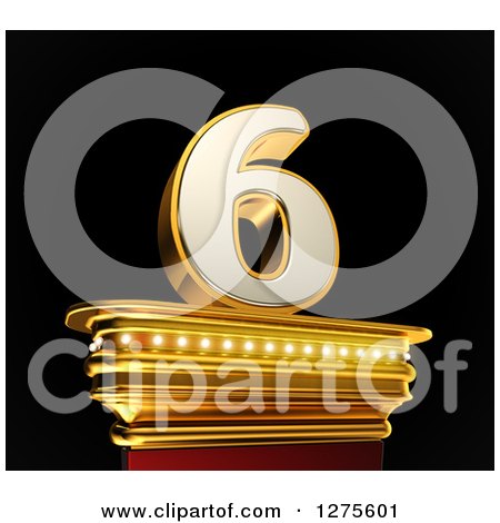 Clipart of a 3d 6 Number Six on a Gold Pedestal over Black - Royalty Free Illustration by stockillustrations