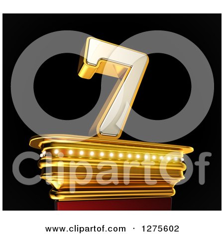 Clipart of a 3d 7 Number Seven on a Gold Pedestal over Black - Royalty Free Illustration by stockillustrations