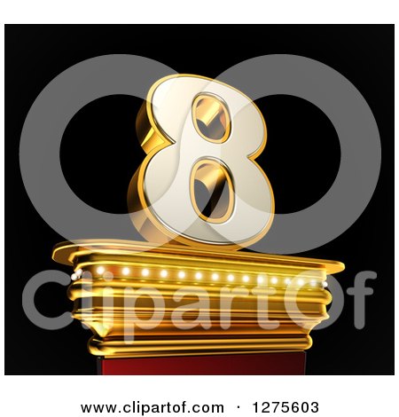 Clipart of a 3d 8 Number Eight on a Gold Pedestal over Black - Royalty Free Illustration by stockillustrations