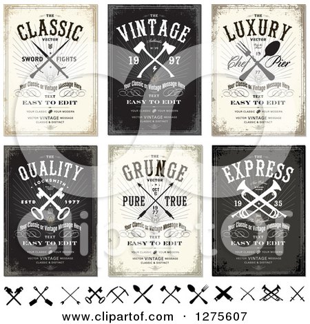 Clipart of Distressed Vintage Sword, Axe, Dining, Key, Archery and Trumpet Posters - Royalty Free Vector Illustration by BestVector