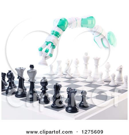 Clipart of a 3d Green and White Robot Arm Playing Chess - Royalty Free Illustration by Mopic