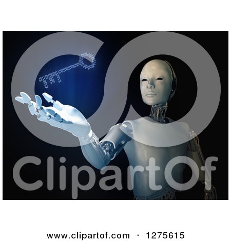 Clipart of a 3d Android Robot Holding out a Hand Under a Glowing Blue Binary Code Key, on Black - Royalty Free Illustration by Mopic