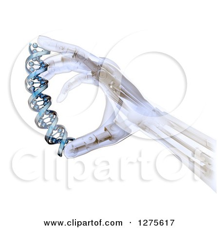 Clipart of a 3d Android Robot Hand Holding a DNA Strand over White - Royalty Free Illustration by Mopic