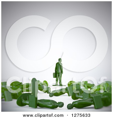 Clipart of a 3d Successful Green Toy Business Man with Fallen Competitors over Gray - Royalty Free Illustration by Mopic