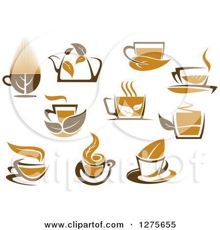 Clipart of Leafy Brown Tea Cups and Kettles 3 - Royalty Free Vector Illustration by Vector Tradition SM