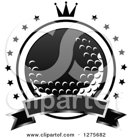 Clipart of a Gradient Grayscale Golf Ball in a Star Circle with a Crown and Blank Banner - Royalty Free Vector Illustration by Vector Tradition SM