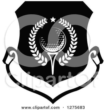 Clipart of a Black and White Golf Ball and Tee Shield with a Blank Banner - Royalty Free Vector Illustration by Vector Tradition SM