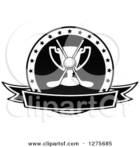 Clipart of a Black and White Golf Ball, Clubs and Trophy in a Star Circle over a Banner - Royalty Free Vector Illustration by Vector Tradition SM