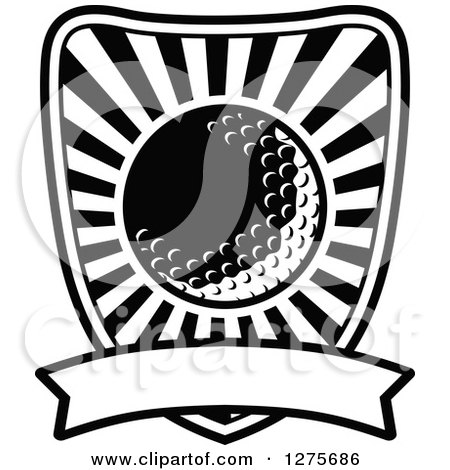 Clipart of a Black and White Golf Ball and Rays Shield and Banner - Royalty Free Vector Illustration by Vector Tradition SM