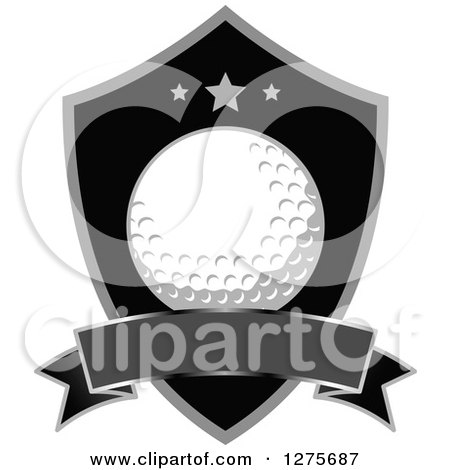 Clipart of a Grayscale Golf Ball and Star Shield with a Banner - Royalty Free Vector Illustration by Vector Tradition SM