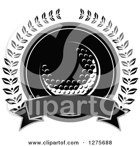 Clipart of a Round Grayscale Golf Ball and Banner in a Wreath - Royalty Free Vector Illustration by Vector Tradition SM