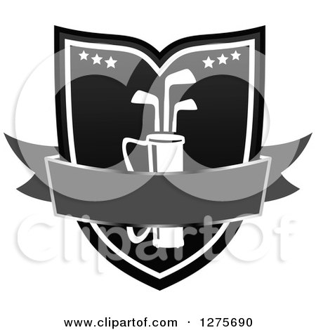 Clipart of a Grayscale Golf Club and Star Shield with a Banner - Royalty Free Vector Illustration by Vector Tradition SM