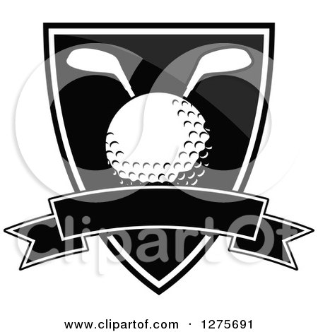 Clipart of a Grayscale Golf Ball Clubs Shield with a Blank Banner - Royalty Free Vector Illustration by Vector Tradition SM
