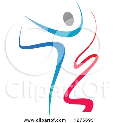 Clipart of a Gradient Blue and Red Ribbon Dancer in Action, Kicking One Leg up and Behind - Royalty Free Vector Illustration by Vector Tradition SM