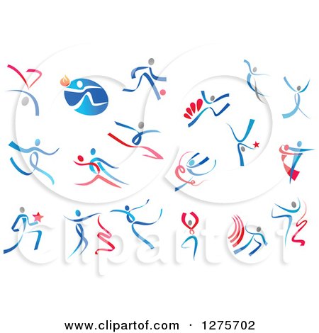 Clipart of Blue and Red Athletic and Dancing Ribbon People - Royalty Free Vector Illustration by Vector Tradition SM